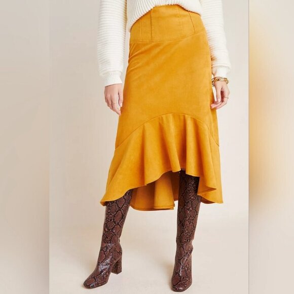 Maeve by Anthropologie Cosima Flounced High Low Skirt Brushed Faux Suede Sz 0 - Picture 13 of 13